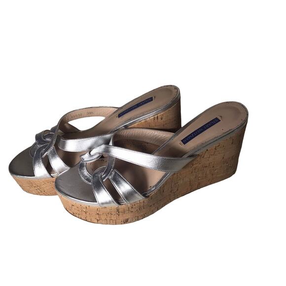 Stuart Weitzman Cadence cork 4 in Wedge Sandal EU 39.5 US 9 metallic silver - Picture 3 of 10